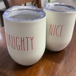 Rae Dunn Naughty and Nice Cream wine tumblers with Red Text